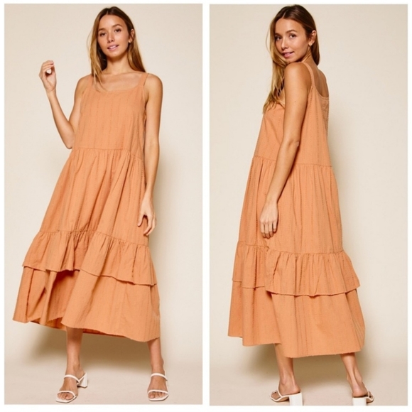 Monique Square Neck One Inch Straps Double Ruffle Midi Dress Size Medium W-640 - Picture 2 of 5